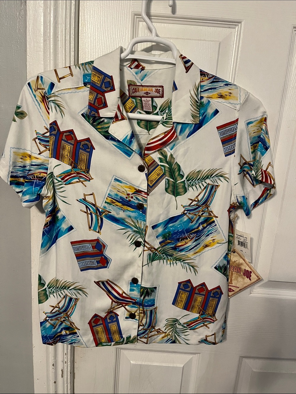 NWT Vintage Caribbean Joe White Tropical Beach Print Resort Shirt